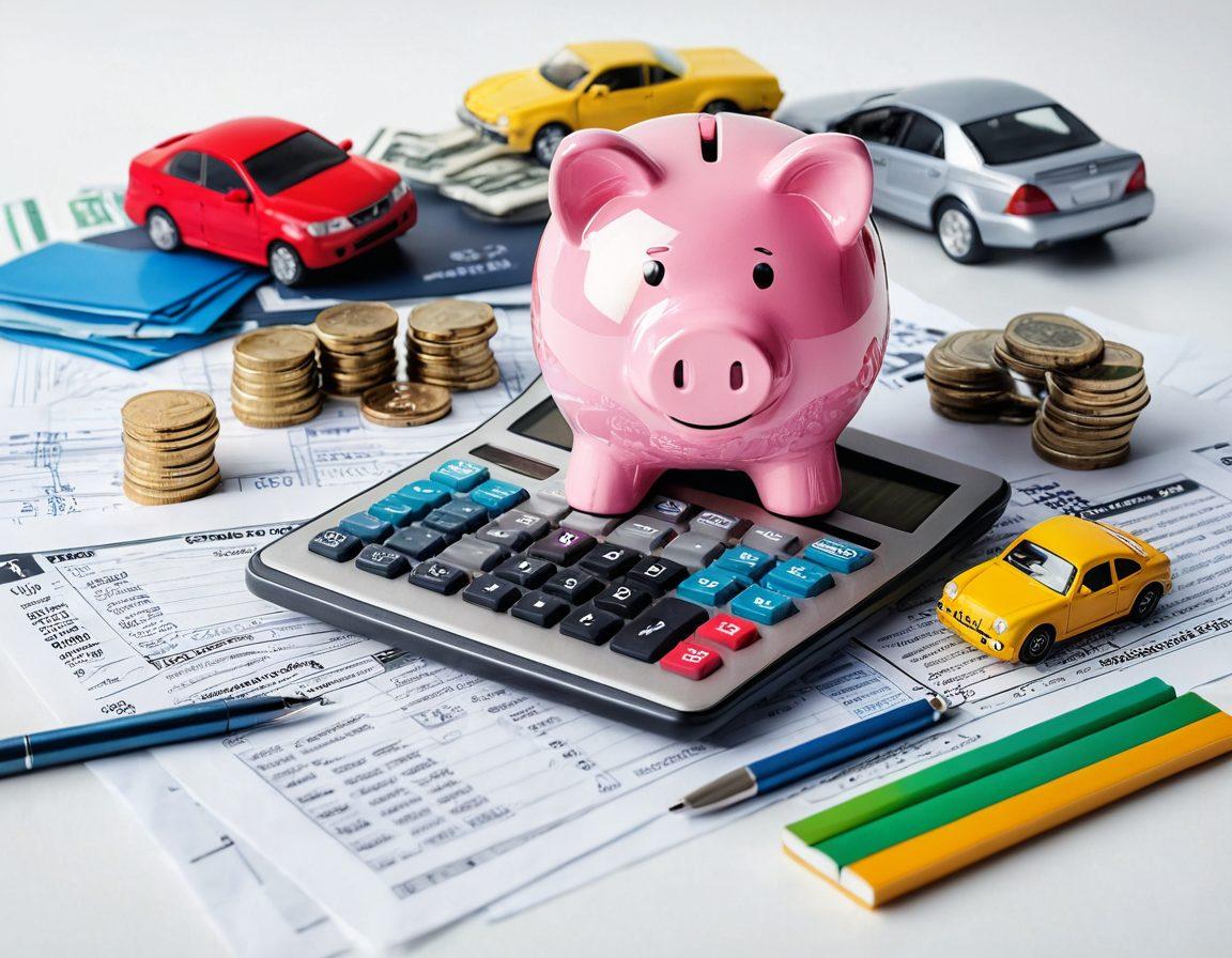 A visually appealing collage showcasing a piggy bank, a calculator, and a variety of car insurance policy documents, all surrounded by vibrant icons representing savings and finance. In the background, a serene highway with a diverse range of budget-friendly cars driving peacefully. The scene conveys a sense of financial security and smart choices. super-realistic. vibrant colors. white background.