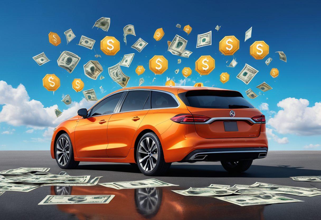 A collage of a confident individual studying car insurance plans, surrounded by floating icons of dollar signs and shields symbolizing savings and coverage. In the background, a sleek sedan parked under a bright sky representing affordable car ownership. The scene conveys a sense of empowerment and financial savvy. vibrant colors. 3D.
